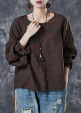 Frauen Schokolade Oversized Print Leinen Shirt Tops Herbst